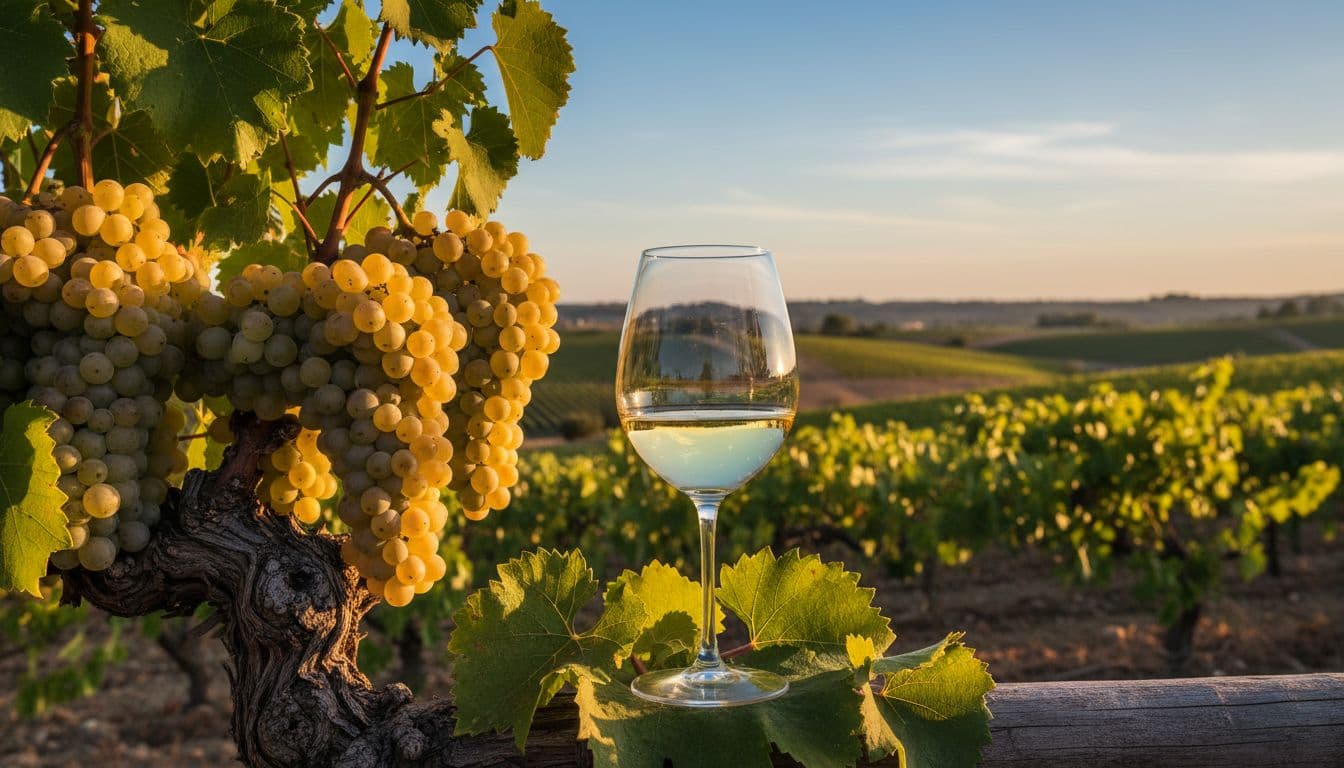 Ripe Verdejo grape clusters on vine beside straw-yellow wine glass, sunny Rueda hills under blue sky.