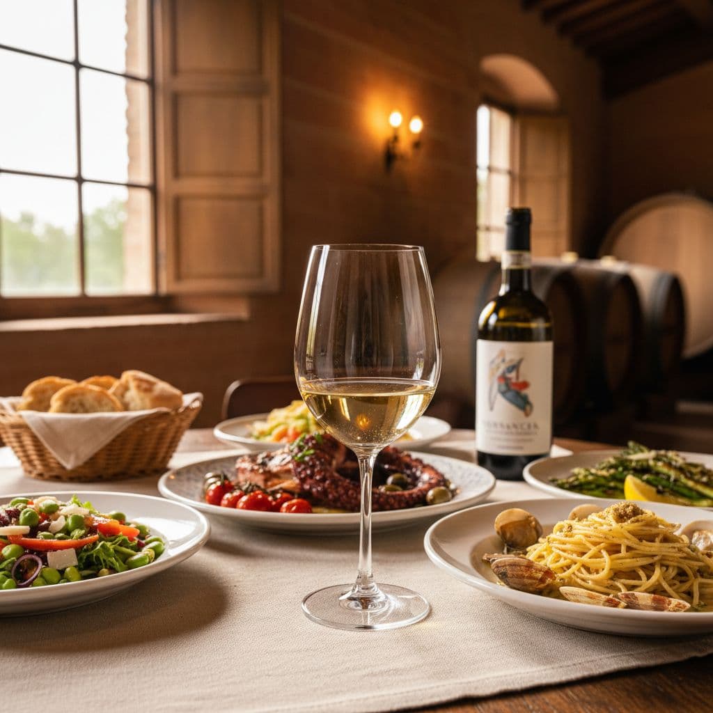 A crystal glass of crisp white wine stands beside a plate of fresh Mediterranean seafood and pasta.