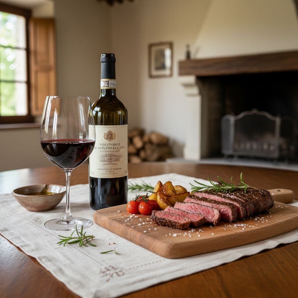 Bottle and glass of Vino Nobile di Montepulciano beside sliced rosemary beef on elegant Tuscan table.